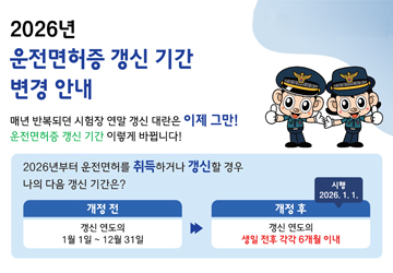 2026년 운전면허증 갱신 기간 변경 안내
매년 반복되던 시험장 연말 갱신 대란은 이제 그만!
운전면허증 갱신 기간 이렇게 바뀝니다!
2026년부터 운전면허를 취득하거나 갱신할 경우 나의 다음 갱신 기간은?
개정 전 : 갱신 연도의1월1일~12월 31일
개정 후 : 갱신 연도의 생일 전후 각각 6개월 이내
시행 2026, 1.1.